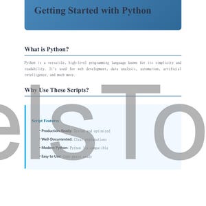 May include: A page from a guide titled "Getting Started with Python." The blue header reads "Introduction." The text describes Python as a versatile, high-level programming language used for web development, data analysis, and automation.