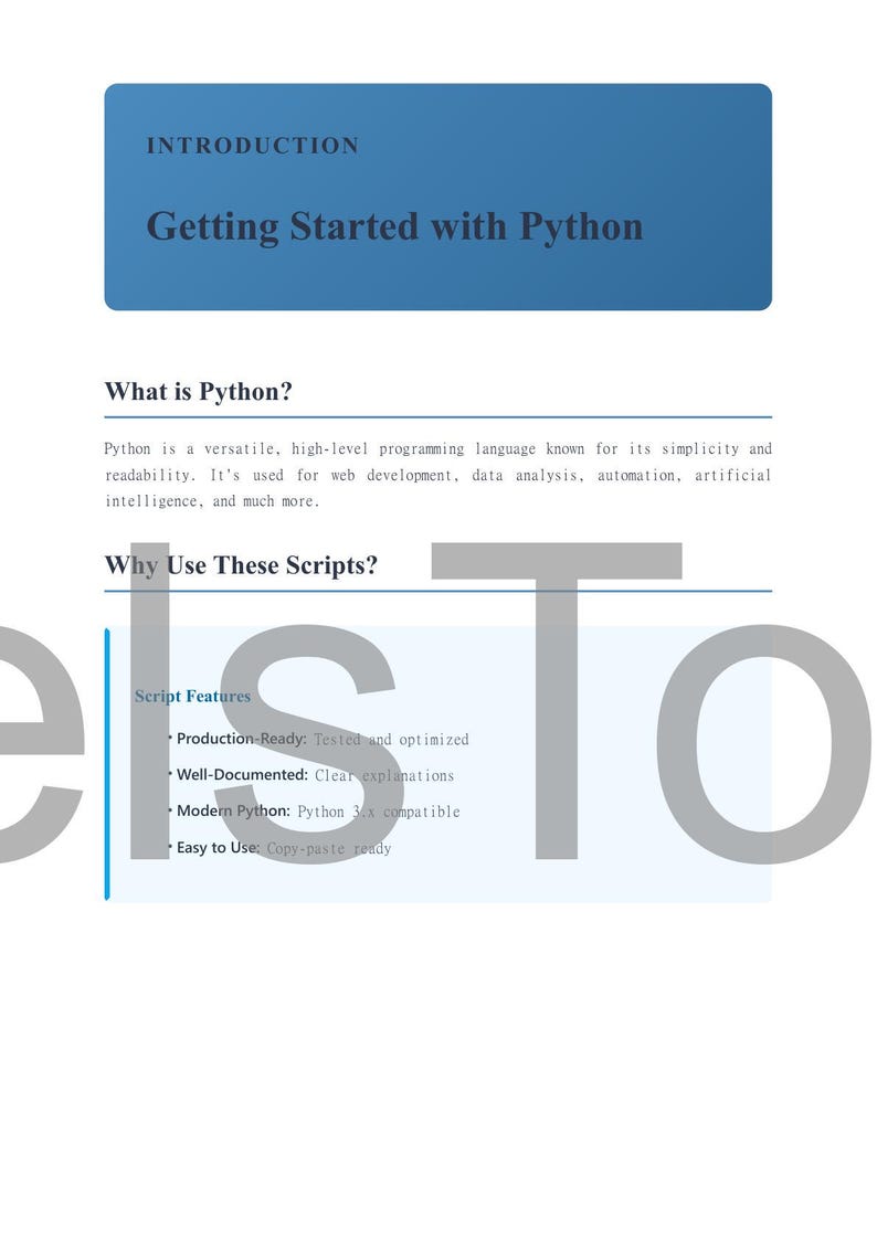 May include: A page from a guide titled "Getting Started with Python." The blue header reads "Introduction." The text describes Python as a versatile, high-level programming language used for web development, data analysis, and automation.