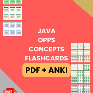 Może przedstawiać: Czerwono-złota grafika promująca fiszki Java OOPs Concepts. Tekst zawiera "JAVA OOPs CONCEPTS FLASHCARDS PDF + ANKI" z "4 OPCJAMI DRUKU" w rogu. Pokazano kilka przykładów fiszek.