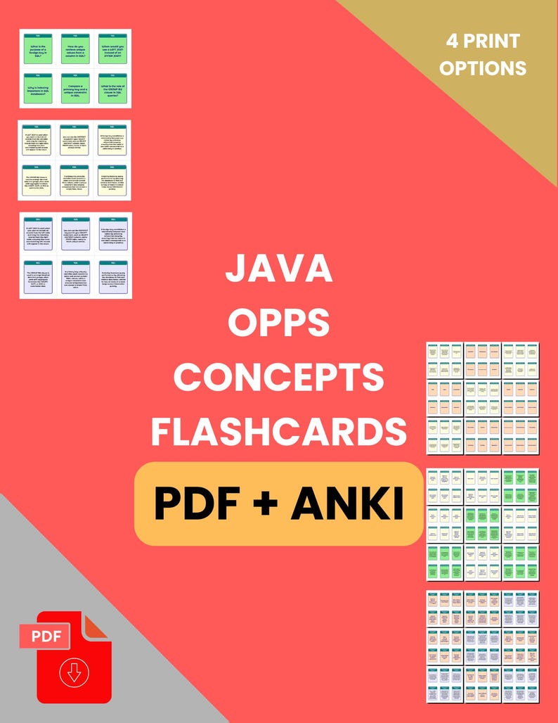 Op de afbeelding: Een rode en gouden afbeelding die Java OOPs Concepts Flashcards promoot. De tekst bevat "JAVA OOPs CONCEPTS FLASHCARDS PDF + ANKI" met "4 PRINT OPTIES" in de hoek. Er worden verschillende flashcard voorbeelden getoond.