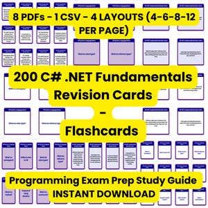 May include: A collection of 200 C# .NET Fundamentals revision cards and flashcards presented in a grid layout. The cards feature purple and white designs with text covering programming concepts, available as 8 PDFs and 1 CSV in 4 layouts.