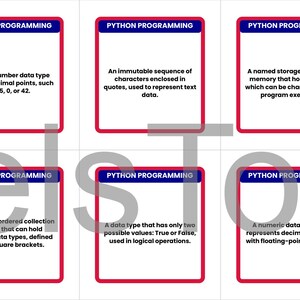 May include: Six flashcards with the title "PYTHON PROGRAMMING" in a blue banner. Each card defines a Python programming concept, including whole numbers, text data, variables, lists, booleans, and floating-point numbers. The cards have red borders.
