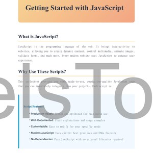 May include: A digital document titled "Getting Started with JavaScript." The page includes an introduction to JavaScript, its uses, and features of the scripts. The document is from PixelsToYou, &copy; 2025.