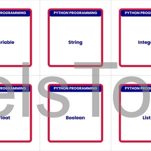 May include: A grid of six cards with the text "PYTHON PROGRAMMING" at the top. The cards have red borders and white backgrounds. The cards display the words "Variable", "String", "Integer", "Float", "Boolean", and "List".