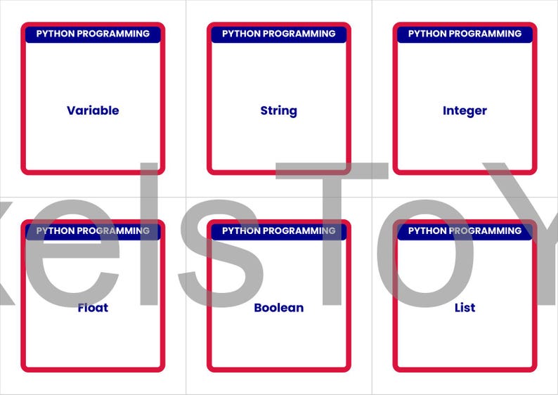 May include: A grid of six cards with the text "PYTHON PROGRAMMING" at the top. The cards have red borders and white backgrounds. The cards display the words "Variable", "String", "Integer", "Float", "Boolean", and "List".