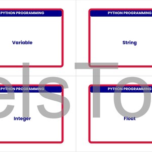 May include: Four white rectangular cards with red borders and blue headers, each labeled "PYTHON PROGRAMMING." The cards display the words "Variable," "String," "Integer," and "Float."