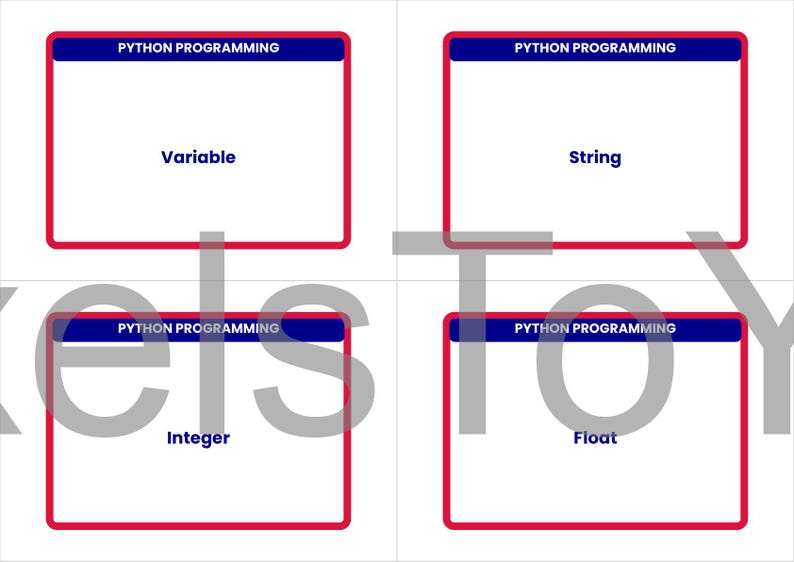 May include: Four white rectangular cards with red borders and blue headers, each labeled "PYTHON PROGRAMMING." The cards display the words "Variable," "String," "Integer," and "Float."