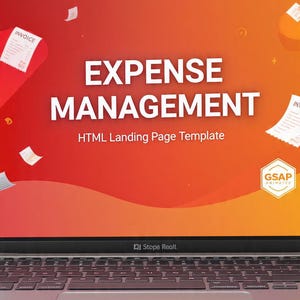 May include: A laptop displaying a red and orange gradient screen with the words "EXPENSE MANAGEMENT" in large white letters. The screen also shows the text "HTML Landing Page Template" and floating invoice graphics.