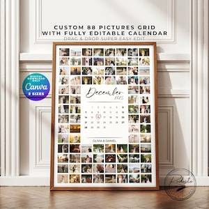 Pode incluir: Um modelo de colagem de fotos personalizado com uma grade para 88 imagens em torno de um calendário central de dezembro de 2025. O design inclui o texto CUSTOM 88 PICTURES GRID WITH FULLY EDITABLE CALENDAR, DRAG & DROP SUPER EASY EDIT e OLIVIA & DANIEL.