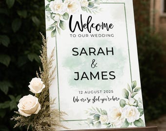 Panneau de bienvenue personnalisé pour mariage | Verdure florale (téléchargement numérique)
