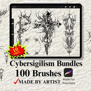 Pode incluir: Pincéis de arte digital para Procreate, com designs intrincados em preto e branco. A imagem mostra um tablet exibindo vários estilos de pincéis, com o texto "Cybersigilism Bundles 100 Brushes" e um selo "Made by Artist".