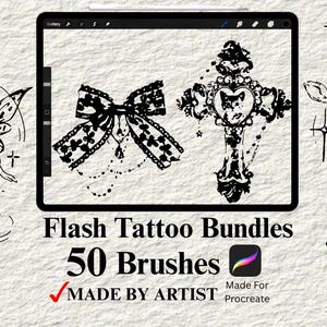 Könnte beinhalten: Schwarz-weiße Flash-Tattoo-Designs, darunter eine Fee, eine Schleife, ein Kreuz, ein Reh und ein Engel in einem Spiegelrahmen. Der Text "Flash Tattoo Bundles 50 Brushes Made By Artist Made For Procreate" ist ebenfalls enthalten.