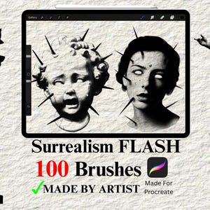 May include: A digital art product advertisement featuring surrealist imagery. The design includes black and white illustrations of faces, a cherub, and a tablet displaying artwork. Text reads "Surrealism FLASH 100 Brushes Made By Artist Made For Procreate."