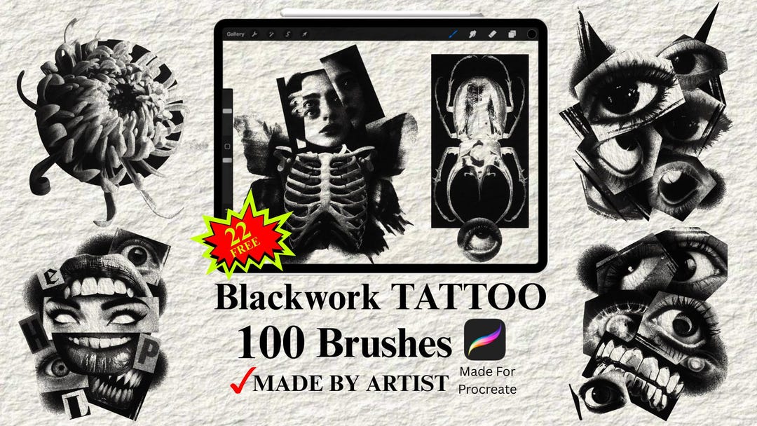 100 Blackwork Tattoo Brushes for Procreate | Realism Tattoo Design ...