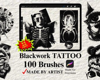 100 Blackwork Tattoo Brushes For Procreate | Realism Tattoo Design | Procreate Stamps | Flash Tattoo Bundles