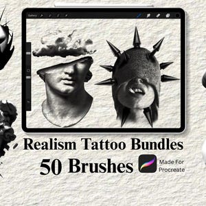 May include: Black and white digital art tattoo bundles. The image features a tablet displaying two classical busts, a face with spikes, and other tattoo designs. Text reads "Realism Tattoo Bundles 50 Brushes Made For Procreate."