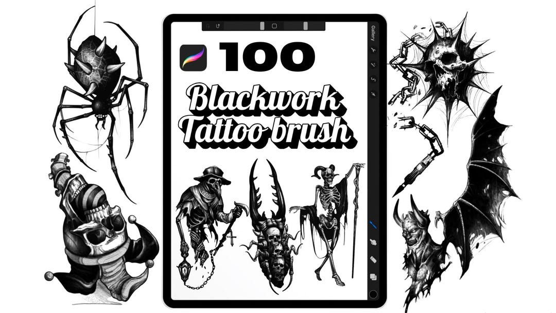 100 Blackwork Realism Tattoo Stencil Pack | Procreate Stamps ...