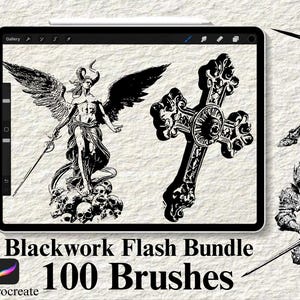 May include: A collection of black and white gothic illustrations, including a knight, angel, and cross. The image features a tablet displaying the artwork and the text "Blackwork Flash Bundle 100 Brushes For Procreate."