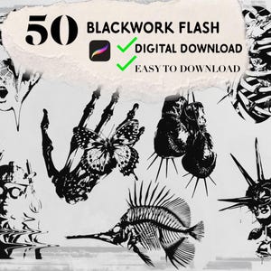 Könnte beinhalten: Schwarz-Weiß-Digital-Download mit 50 Blackwork-Flash-Tattoo-Designs. Die Designs umfassen eine Skeletthand mit einem Schmetterling, Boxhandschuhe und andere Illustrationen. Der Text lautet "Digitaler Download" und "Einfach herunterzuladen."