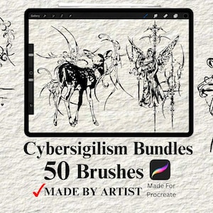 May include: Digital art bundle featuring black and white illustrations. Includes a deer, angel, and floral designs. The text reads "Cybersigilism Bundles 50 Brushes Made By Artist Made For Procreate."