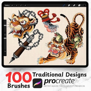 May include: Digital art on a tablet featuring traditional tattoo designs. The artwork includes a tiger with a spiked mace, a decorative element, and a tiger with frogs. The text reads "100 Brushes Traditional Designs Procreate".