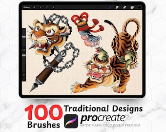 100 American Trditional Tattoo Flash -  Brush Set For Procreate, Flashes Bundle, Old School Tattoo, Made For Procreate