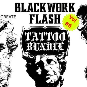 Puede incluir: Paquete de arte flash de tatuajes en blanco y negro con el texto "BLACKWORK FLASH" y "TATTOO BUNDLE". La imagen incluye ilustraciones de bustos clásicos y una mujer con cuernos. También es visible el texto "MADE FOR PROCREATE".