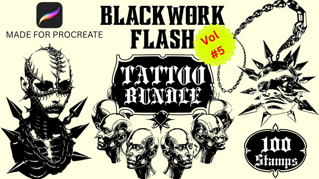 100 Procreate Tattoo Brushes | Blackwork Flash Tattoo | Digital Tattoo ...