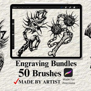 Può includere: Pacchetti di incisioni in bianco e nero per Procreate, con 50 pennelli. L'immagine presenta illustrazioni dettagliate di occhi, catene e strutture ossee. Il testo recita "Engraving Bundles 50 Brushes Made By Artist".