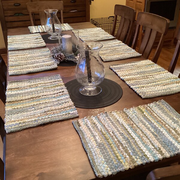 Set of 2 Handwoven Placemats - Sage Green and Teal Blue Table Mats - Four Sets Available