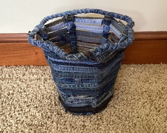 Woven Denim Basket, Handwoven Blue Jean Planter, Denim Trash Can
