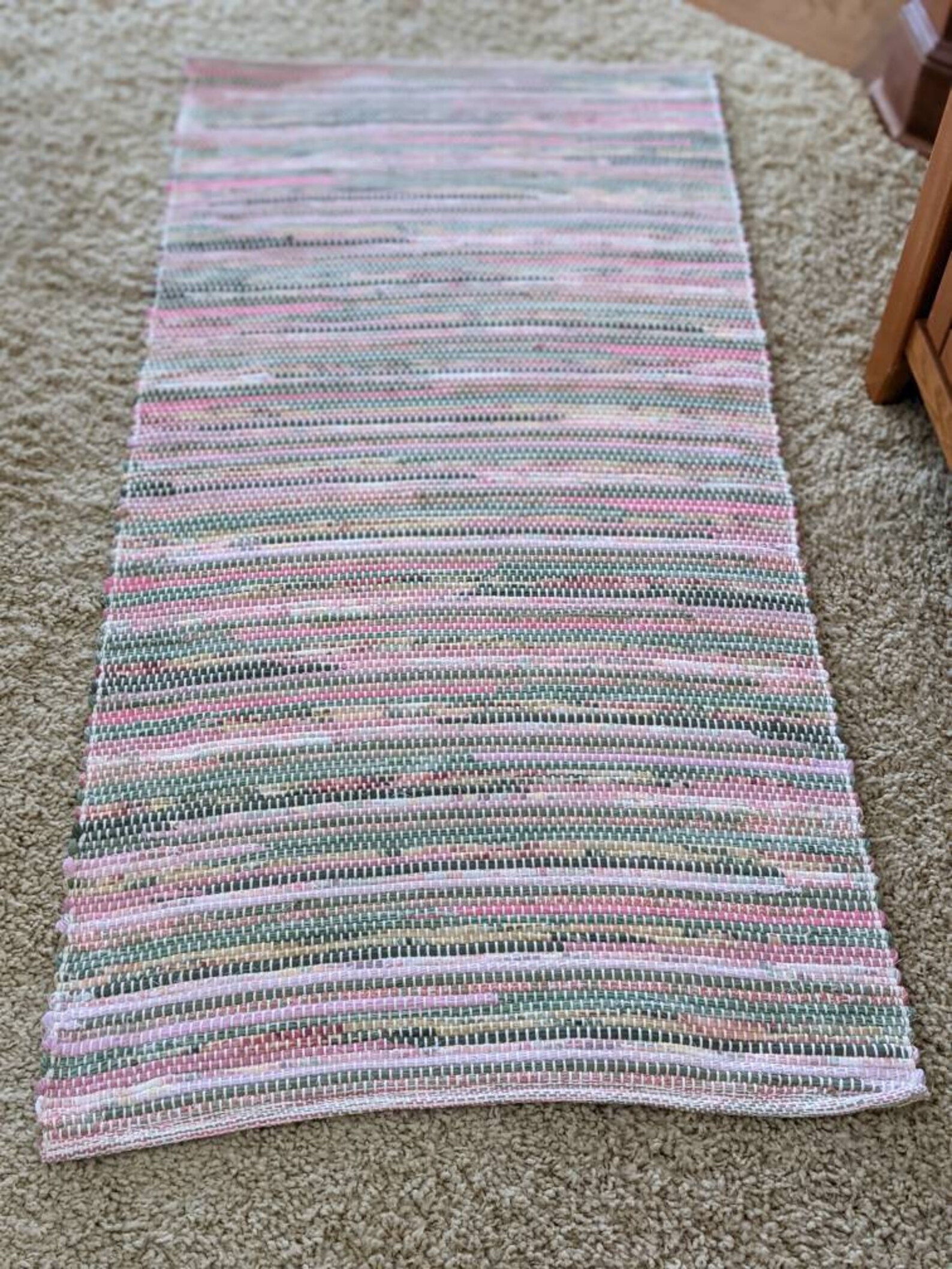 Hand woven rag rug runner Pink with Sage Green accents Etsy