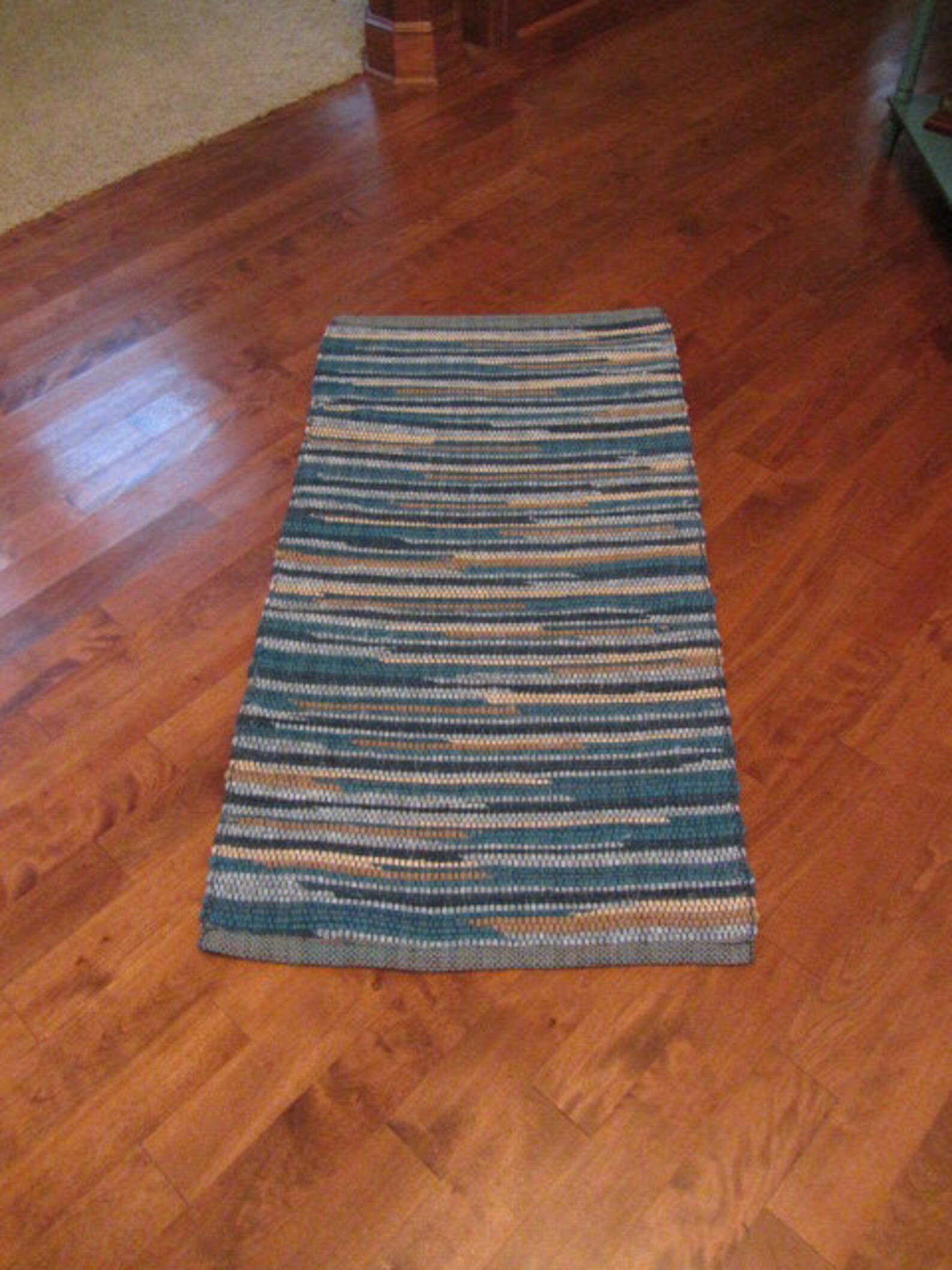 Handwoven Rag Rug Runner Teal Blue Green Tan 51 x Etsy