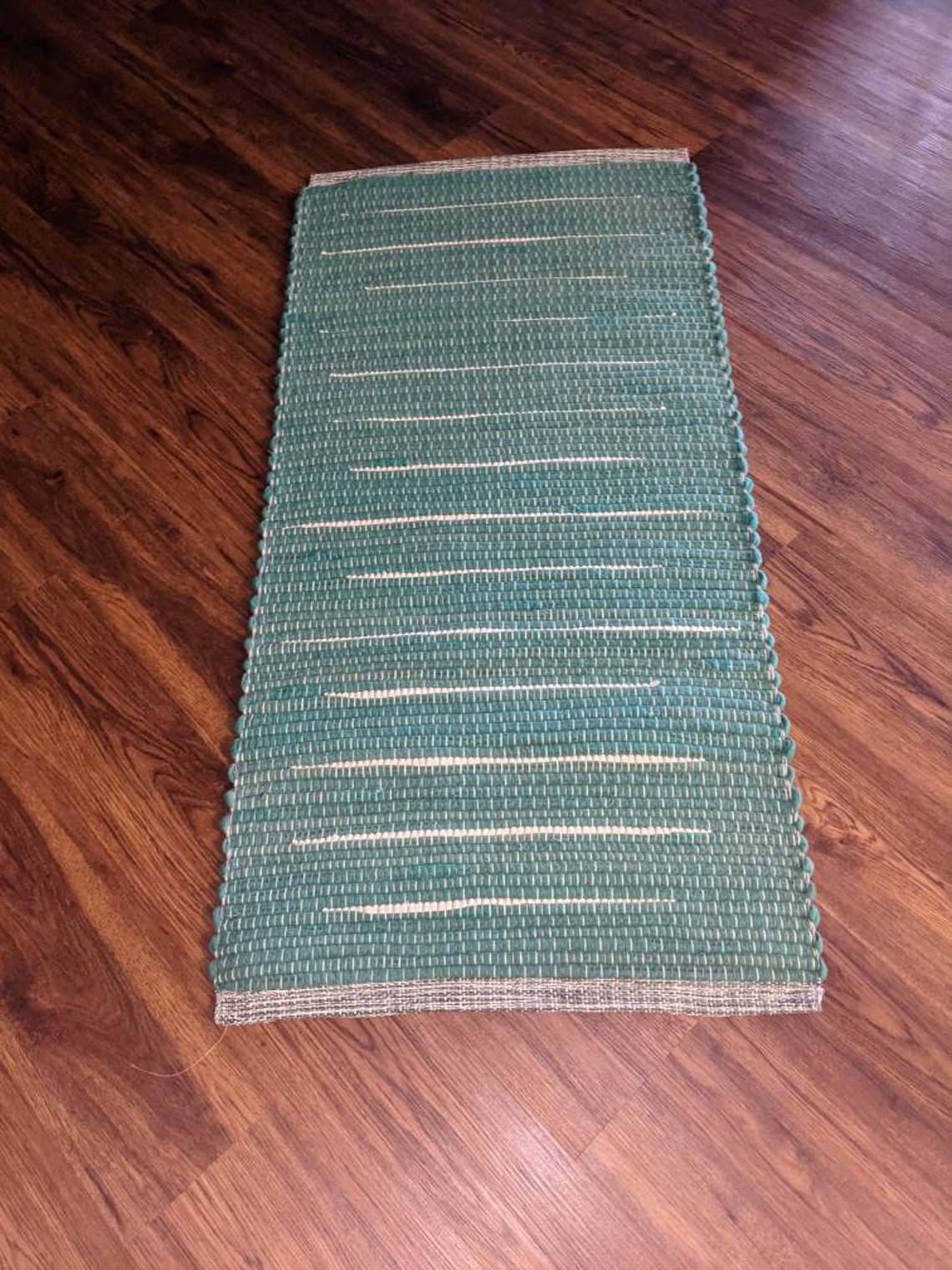 Handwoven Rag Rug Runner. Wool. Jade Green With Cream Stripes. Etsy