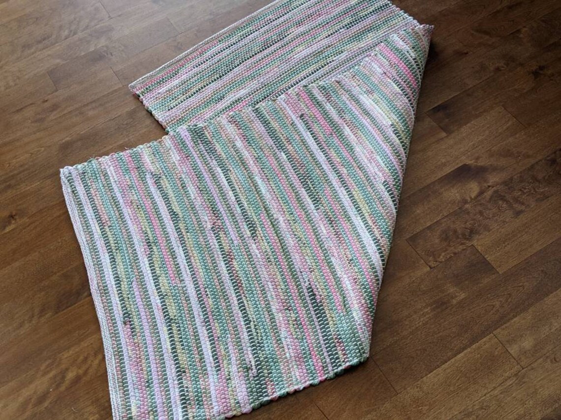 Hand woven rag rug runner Pink with Sage Green accents Etsy