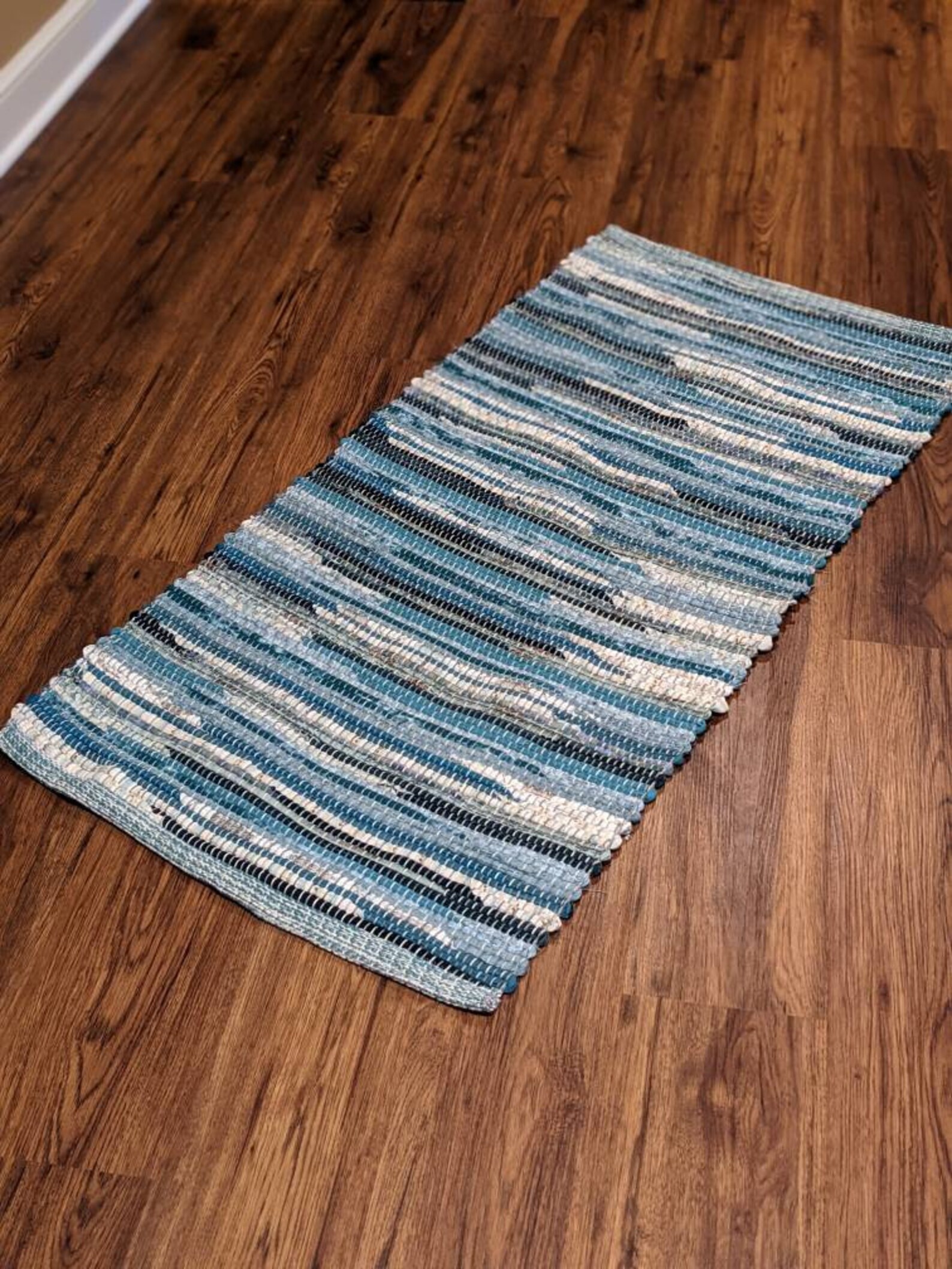 Hand woven rag rug runner Turquoise Teal Blue w white accent Etsy