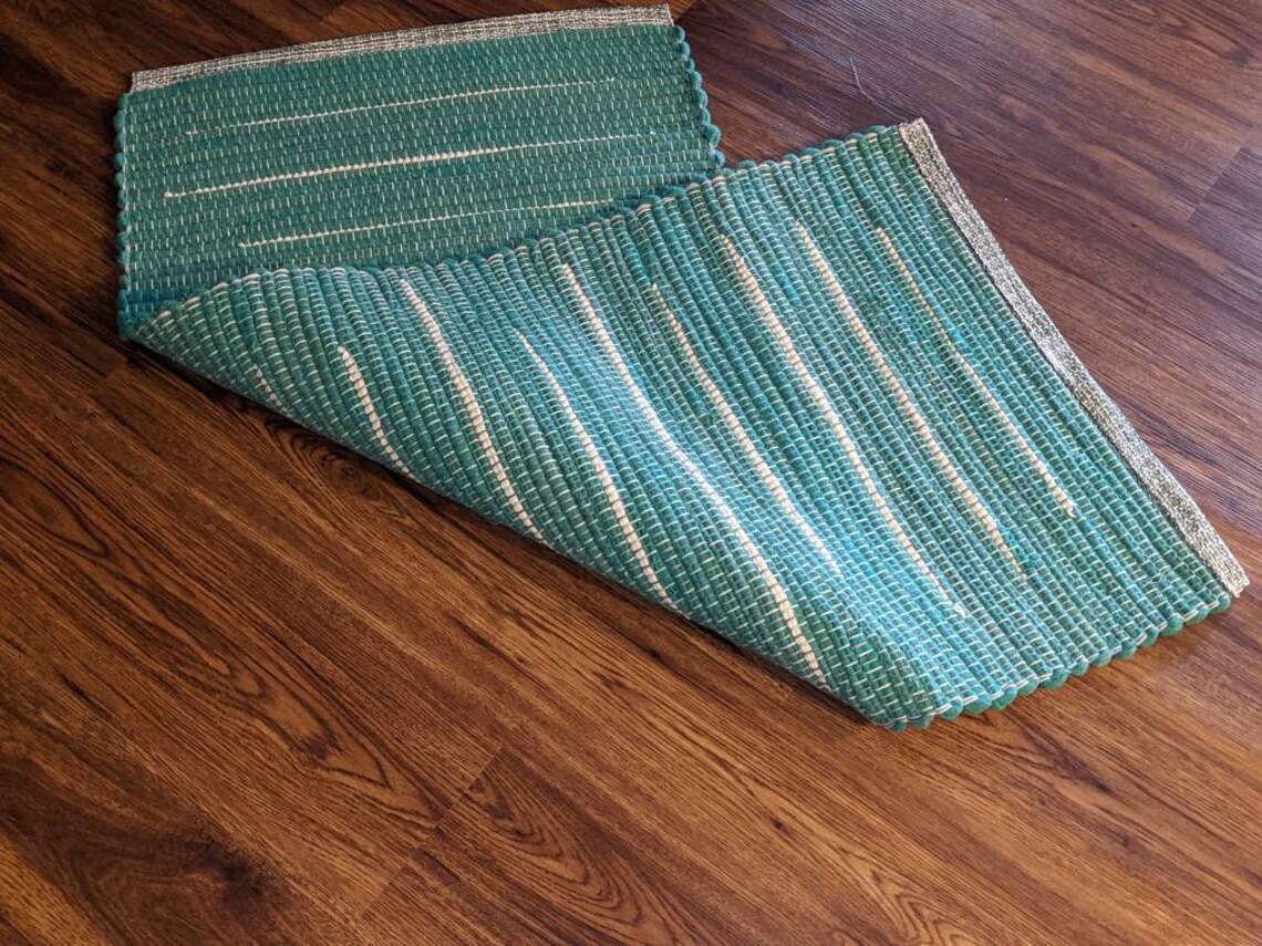 Handwoven Rag Rug Runner. Wool. Jade Green With Cream Stripes. Etsy