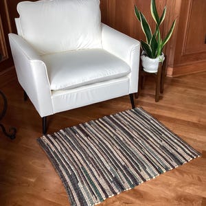 Handwoven Tan Brown & Sage Green Rag Rug - 34"x28"