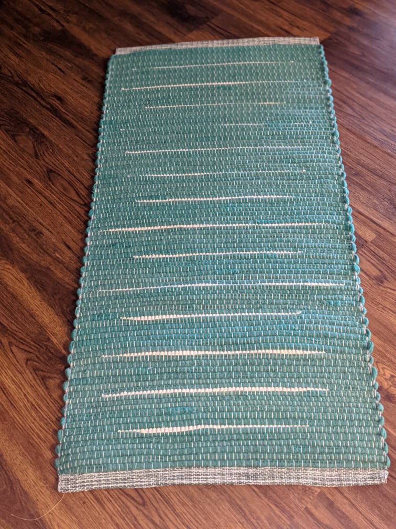Handwoven Rag Rug Runner. Wool. Jade Green With Cream Stripes. Etsy
