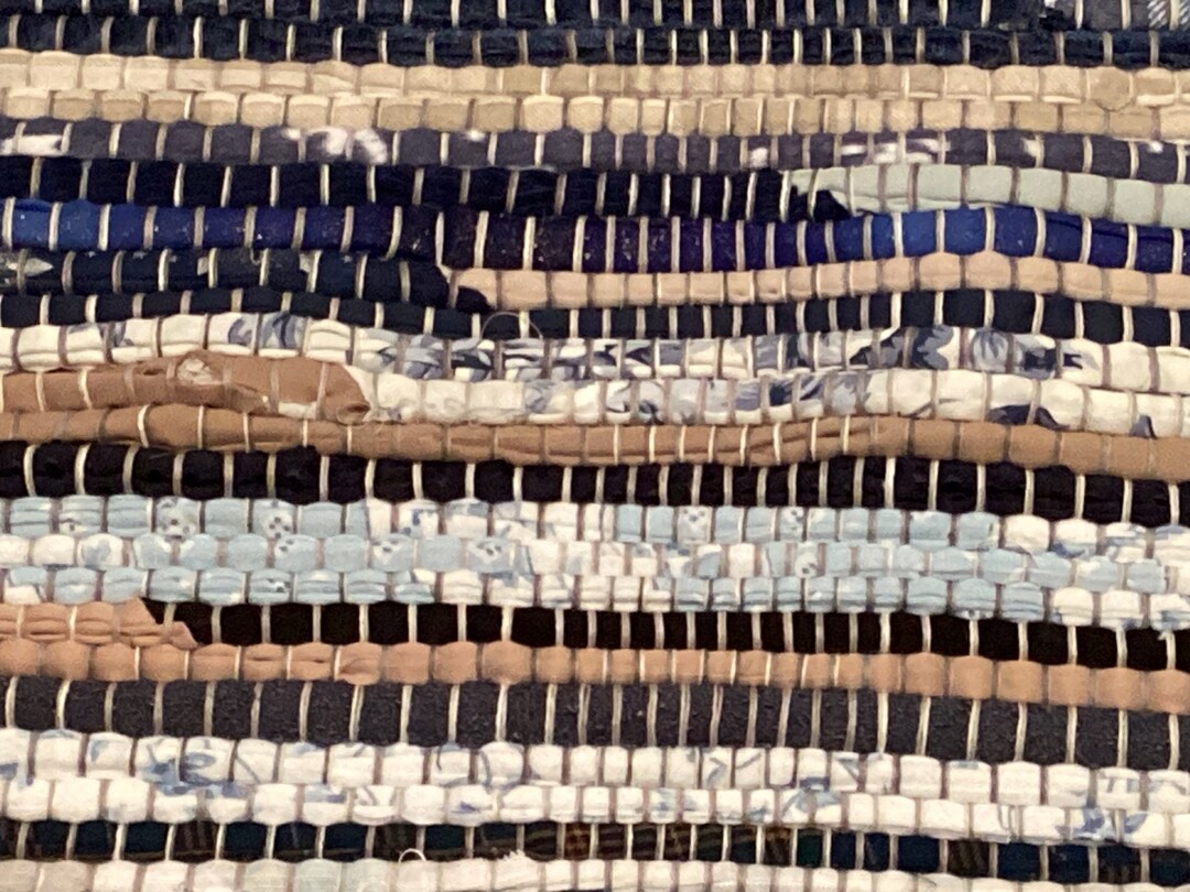 Handwoven Blue and Tan Rag Rug Runner 143