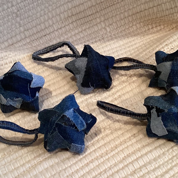 Set of 5 Denim Stars - Christmas Ornaments - Unique Blue Jean Tree Decor - Multiple Sets Available