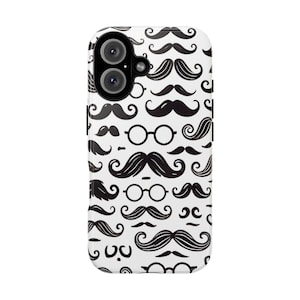 May include: White phone case featuring a repeating pattern of black mustaches and eyeglasses. The design includes various mustache styles and round-framed glasses, creating a fun and quirky aesthetic. The case has a dual-lens camera cutout.