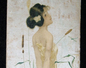 Silk Postcard Raphael Kirchner, Girl Amid Bulrushes, Art Nouveau