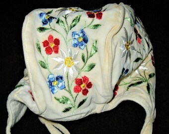 Winter Baby Bonnet, Embroidered Flowers, Vintage, Shipping Included USA