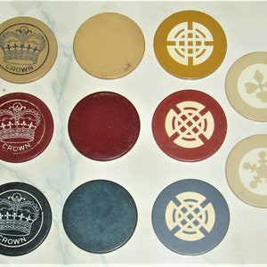 Vintage Poker Chips, 11 Different, Crown, Four Suits, Snowflake, Quartered Circles, Plain