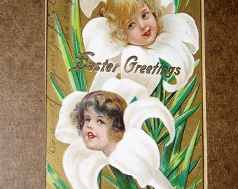 Easter Postcard,  Lilies with Girl Faces, Gilded, Postally Used, Antique, Additional Cards Ship Free
