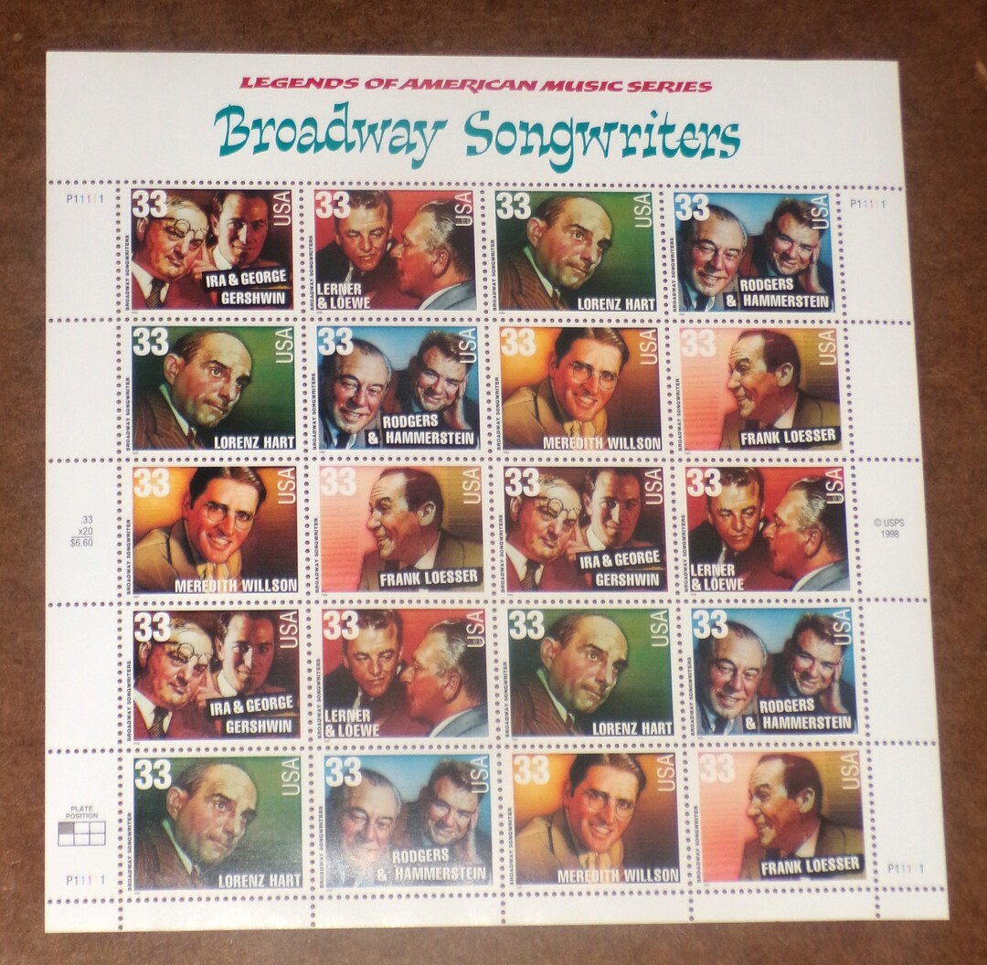 Mint 33c Stamp Sheet, Broadway Songwriters, Scott Catalog 334550, 20