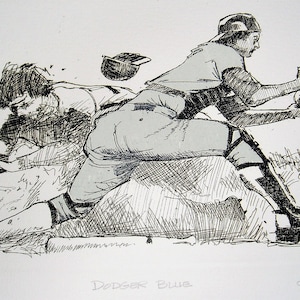 May include: Monochrome sketch depicting a baseball play. Two figures in baseball uniforms are shown in action, with one sliding and the other reaching. The text "Dodger Blue" is visible at the bottom.