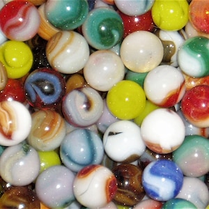 May include: A collection of colorful marbles with swirling patterns. The marbles are made of glass and have a variety of colors, including red, blue, green, yellow, and white.