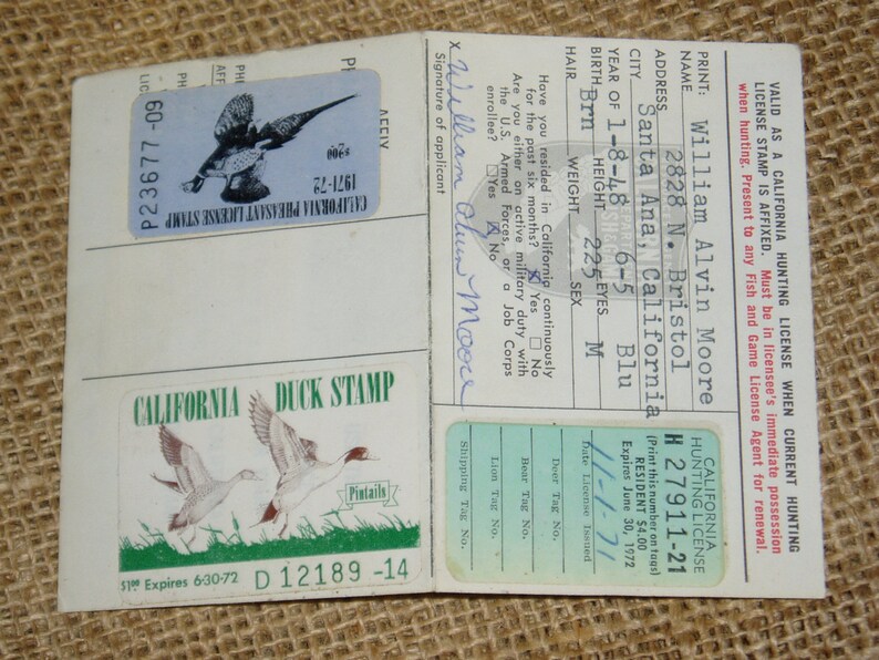 California Hunting License 1971 First Year of Duck Stamps Etsy